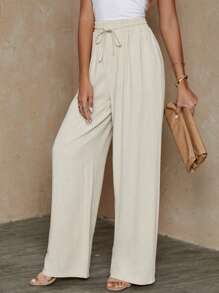 SHEIN LUNE Drawstring Waist Straight Leg Pants - Apricot - View 3