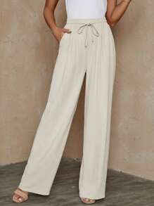 SHEIN LUNE Drawstring Waist Straight Leg Pants - Apricot - View 4