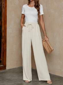 SHEIN LUNE Drawstring Waist Straight Leg Pants - Apricot - View 5