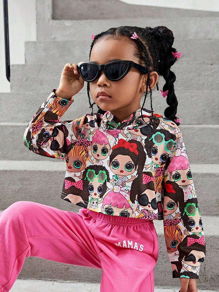 SHEIN 女小童人像圖案連帽短款運動衫 - 彩色 - 查看 1