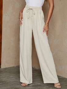 SHEIN LUNE Drawstring Waist Straight Leg Pants - Apricot - View 1