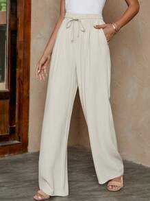 SHEIN LUNE Drawstring Waist Straight Leg Pants - Apricot - View 7