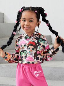 SHEIN 女小童人像圖案連帽短款運動衫 - 彩色 - 查看 4