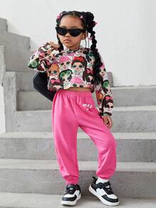 SHEIN 女小童人像圖案連帽短款運動衫 - 彩色 - 查看 5