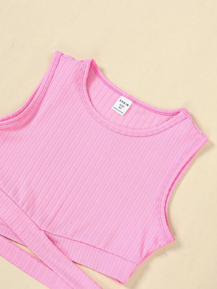 女大童十字交叉腰部鏤空背心上衣 - 粉色 - 查看 5