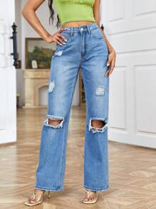 SHEIN Frenchy Chất rắn Chi tiết Ripped Quần jean - Rửa trung bình - Xem 1