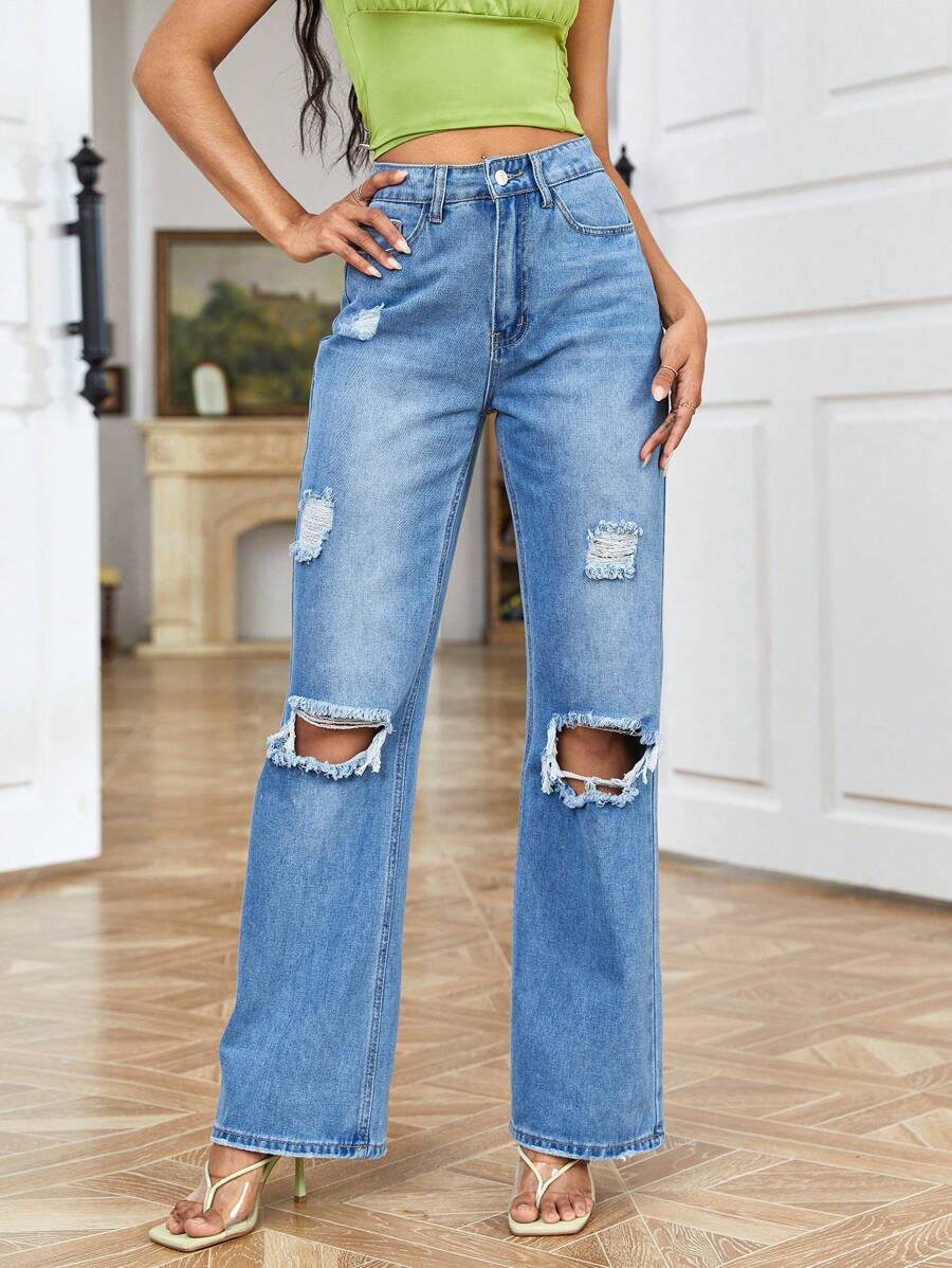 SHEIN Frenchy Chất rắn Chi tiết Ripped Quần jean - Rửa trung bình - Xem 1