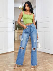 SHEIN Frenchy Chất rắn Chi tiết Ripped Quần jean - Rửa trung bình - Xem 4