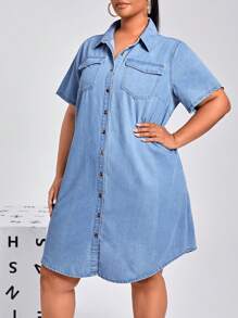 SHEIN 大碼短袖牛仔恤衫裙 - 淺色水洗藍 - 查看 3