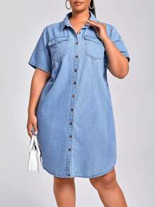 SHEIN 大碼短袖牛仔恤衫裙 - 淺色水洗藍 - 查看 1