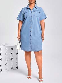 SHEIN 大碼短袖牛仔恤衫裙 - 淺色水洗藍 - 查看 6