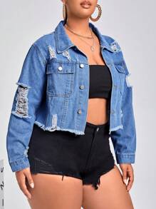 Plus Ripped Raw Cut Denim Jacket - Light Wash - View 5