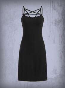 ROMWE Goth Solid Criss Cross Cami Dress - Black - View 1