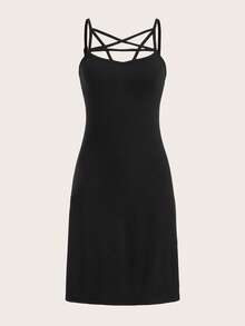 ROMWE Goth Solid Criss Cross Cami Dress - Black - View 2