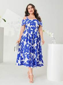 Mulvari 大碼滿版印花挖肩連衣裙 - 藍白色 - 查看 1