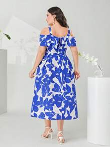 Mulvari 大碼滿版印花挖肩連衣裙 - 藍白色 - 查看 2