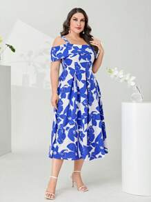 Mulvari 大碼滿版印花挖肩連衣裙 - 藍白色 - 查看 3