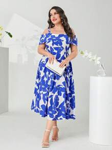 Mulvari 大碼滿版印花挖肩連衣裙 - 藍白色 - 查看 5