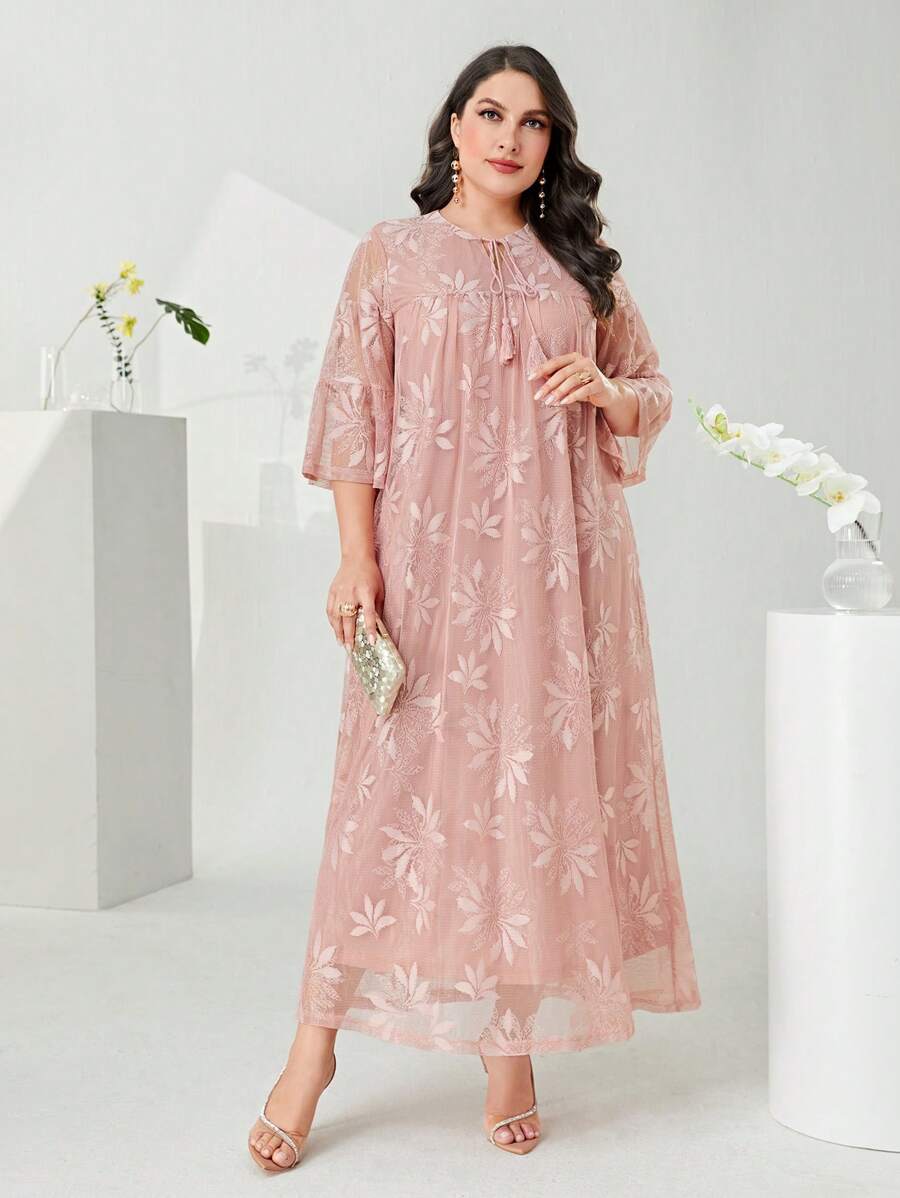 Mulvari Hơn Cà vạt tay áo lá sen Thêu hoa Váy lưới che phủ - Màu Hồng  San hô - Xem 1