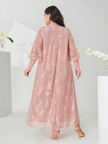 Mulvari Hơn Cà vạt tay áo lá sen Thêu hoa Váy lưới che phủ - Màu Hồng  San hô - Xem 2