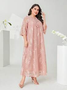 Mulvari Hơn Cà vạt tay áo lá sen Thêu hoa Váy lưới che phủ - Màu Hồng  San hô - Xem 3