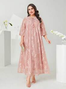 Mulvari Hơn Cà vạt tay áo lá sen Thêu hoa Váy lưới che phủ - Màu Hồng  San hô - Xem 4