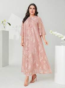 Mulvari Hơn Cà vạt tay áo lá sen Thêu hoa Váy lưới che phủ - Màu Hồng  San hô - Xem 5