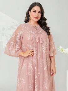 Mulvari Hơn Cà vạt tay áo lá sen Thêu hoa Váy lưới che phủ - Màu Hồng  San hô - Xem 6