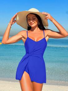 SHEIN Swim 前扭結連體泳衣 - 寶藍色 - 查看 1