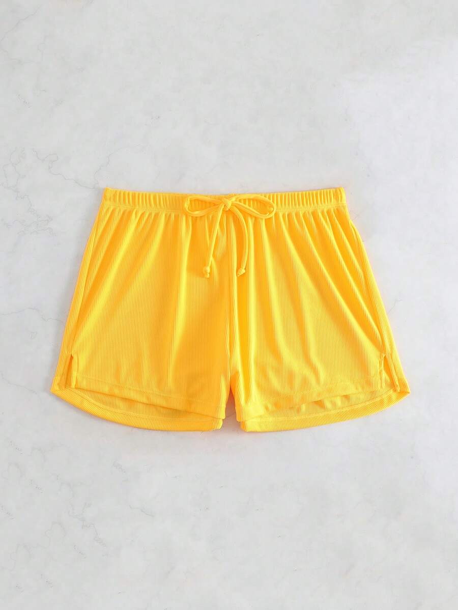 條紋針織前繫帶泳衣下裝 - 黃色 - 查看 1