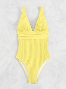 Swim Vcay 夏季海滩纯色 V 领连体泳衣黄色泳衣性感连体泳衣泳衣连体 - 黃色 - 查看 5