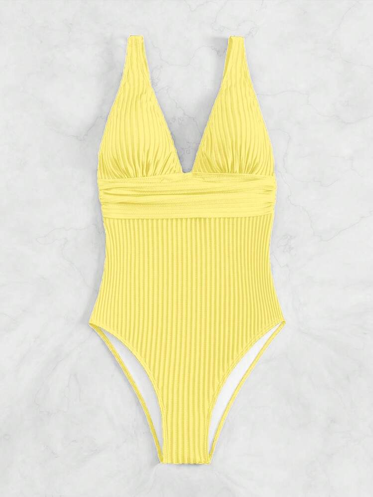 SHEIN Swim Vcay Đồ bơi một mảnh cổ chữ V trơn mùa hè bãi biển Đồ bơi màu vàng Đồ bơi một mảnh gợi cảm đồ bơi một mảnh - Màu vàng - Xem 5
