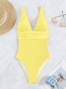 Swim Vcay 夏季海滩纯色 V 领连体泳衣黄色泳衣性感连体泳衣泳衣连体 - 黃色 - 查看 7