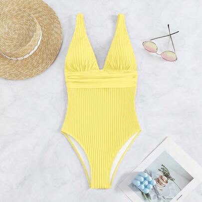 Costume da bagno intero estivo semplice con scollo a V, costume da bagno giallo, costume da bagno intero sexy, costume da bagno intero