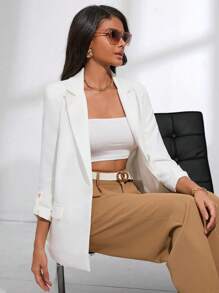 SHEIN Privé 翻領捲邊袖西裝外套