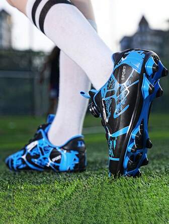 男孩圖案印花前綁帶足球鞋適用於戶外