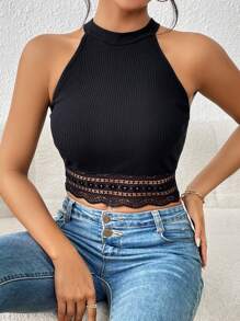 SHEIN Frenchy Contrast Lace Crop Halter Lace Trim Grain Fabric Top - Black - View 1