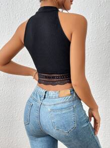 SHEIN Frenchy Contrast Lace Crop Halter Lace Trim Grain Fabric Top - Black - View 2