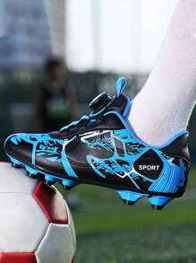 Boys Graphic Print Lace-up Front Soccer Shoes For Outdoor