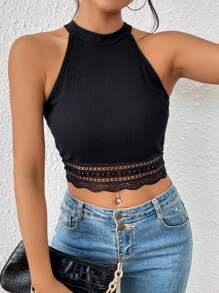 SHEIN Frenchy Contrast Lace Crop Halter Lace Trim Grain Fabric Top - Black - View 5