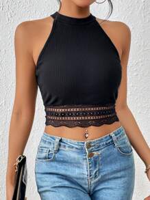 SHEIN Frenchy Contrast Lace Crop Halter Lace Trim Grain Fabric Top - Black - View 6