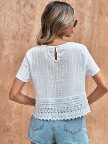 SHEIN LUNE 夏季白色蕾絲短袖女式襯衫，復活節 - 白色 - 查看 2