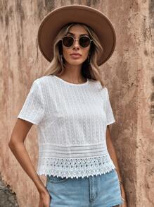 SHEIN LUNE 夏季白色蕾絲短袖女式襯衫，復活節 - 白色 - 查看 3