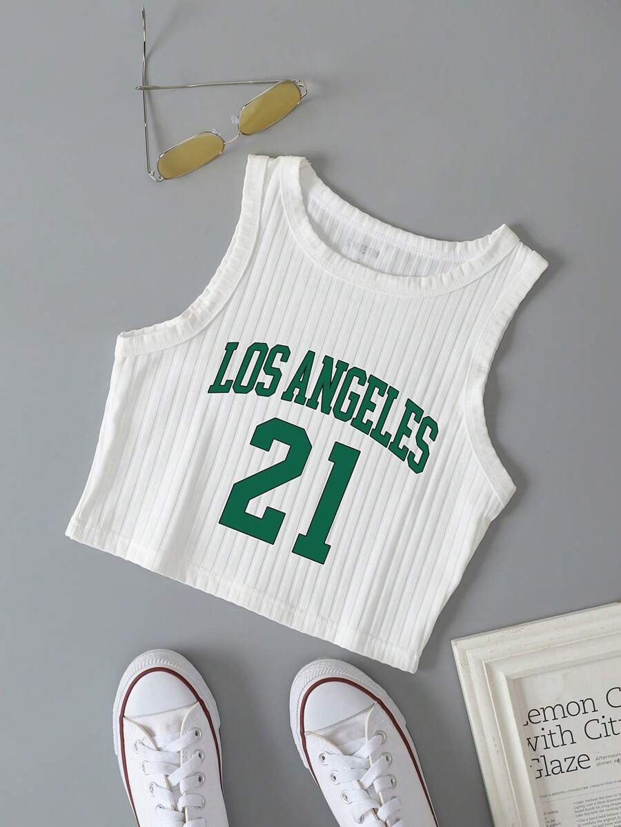 INAWLY 字母图案短款背心 图案 T 恤 女式上衣 - 白色 - 查看 1