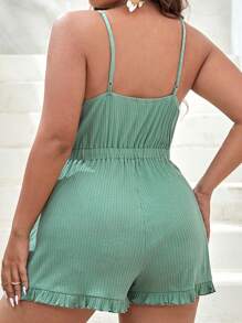 SHEIN VCAY Plus Drawstring Waist Ruffle Hem Cami Romper - Mint Green - View 3