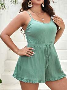 SHEIN VCAY Plus Drawstring Waist Ruffle Hem Cami Romper - Mint Green - View 5