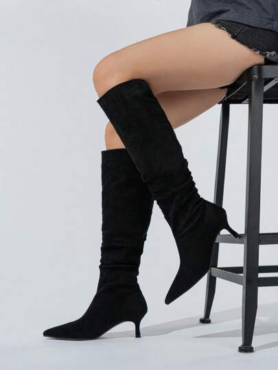 Botines de tacón alto y fino de punta fina para mujer, cálidos para otoño/invierno, botas negras, tacón de gatito