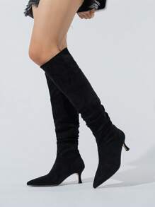 Elegant Sock Boots For Women, Faux Suede Slip-on Pyramid Fashion Boots - Black - View 2