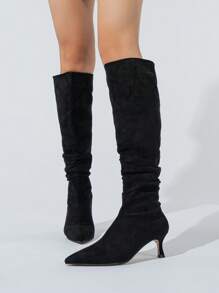 Elegant Sock Boots For Women, Faux Suede Slip-on Pyramid Fashion Boots - Black - View 4