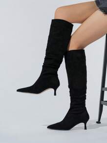 Elegant Sock Boots For Women, Faux Suede Slip-on Pyramid Fashion Boots - Black - View 5